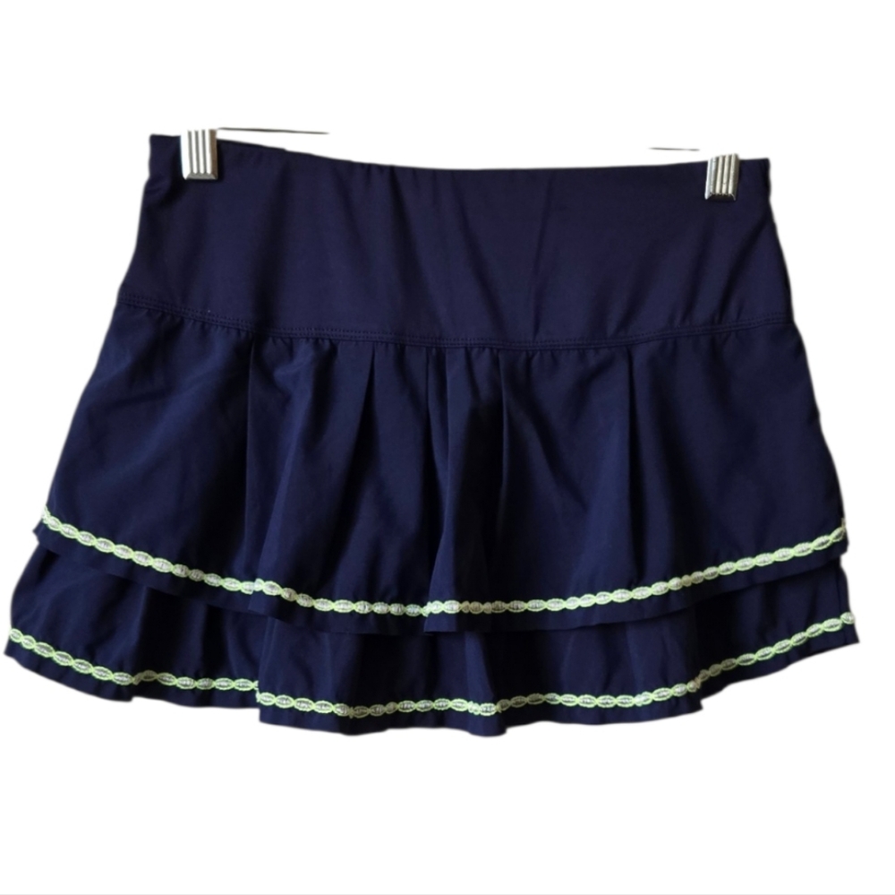 Lucky In Love Navy Blue Embroidered Pleated Tiered Athletic Mini Skirt, S XS #59 - Picture 3 of 7